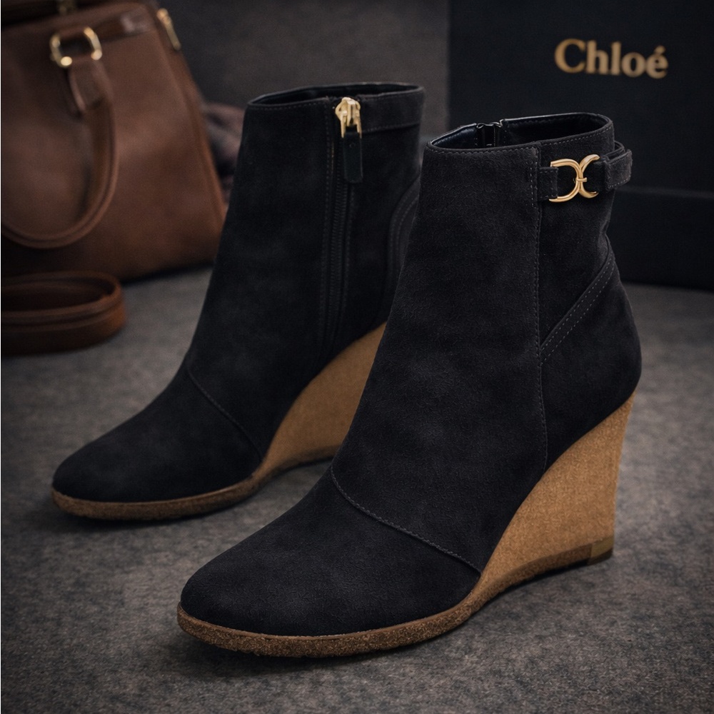 Chloe Black and Tan Wedge Ankle Boots - Picture 2 of 9